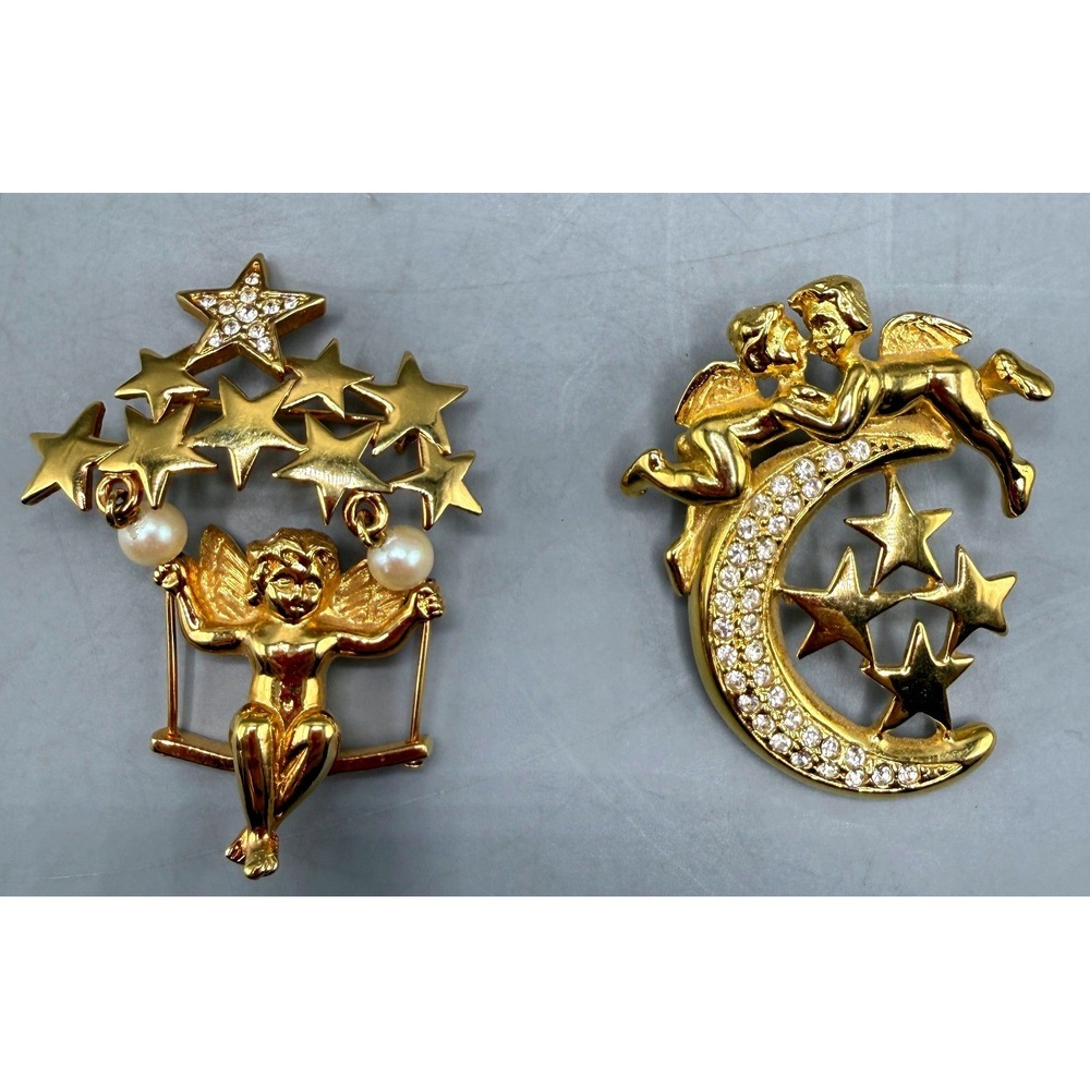 Vintage Gold Tone Cherub Brooch Set Celestial Moon Stars Faux Pearl Rhinestone